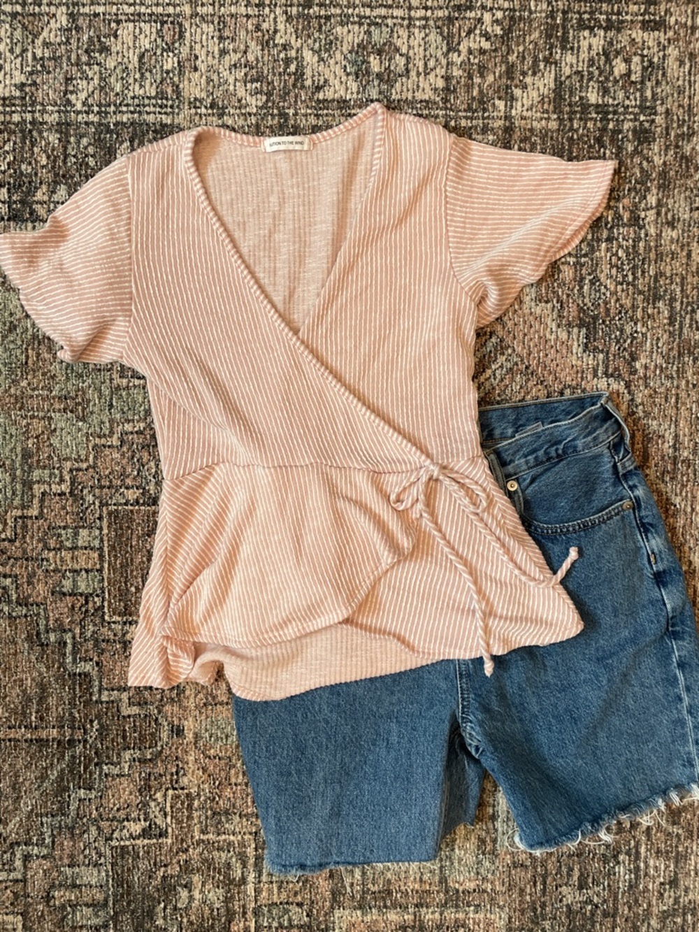 Caution to the Wind Pink Stripe Wrap Top Small Flutter Sleeve Peplum Blouse